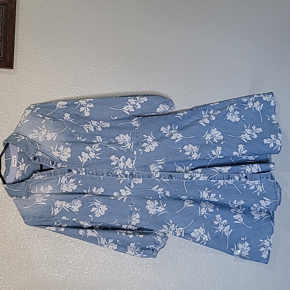 Westport Blue and White Buttoned Shirt Dress with Mandarin Collar Vintage